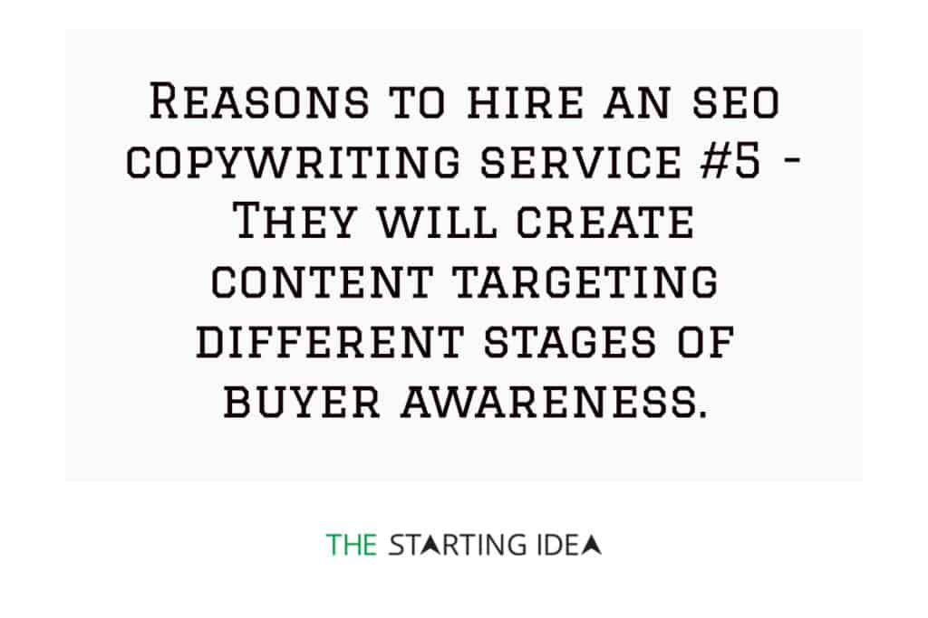 A graphic with text saying that hiring an SEO copywriting service can help you create content targeting different stages of buyer awareness