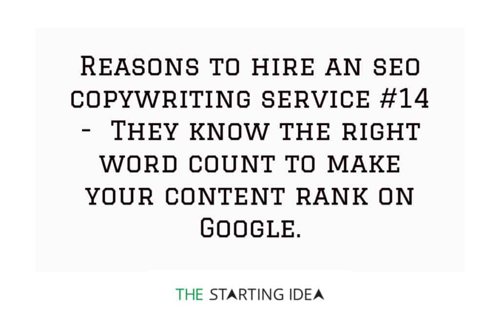A graphic with text stating that hiring an SEO copywriting service will help you optimize your article for the right word count in order to make it rank on Google.