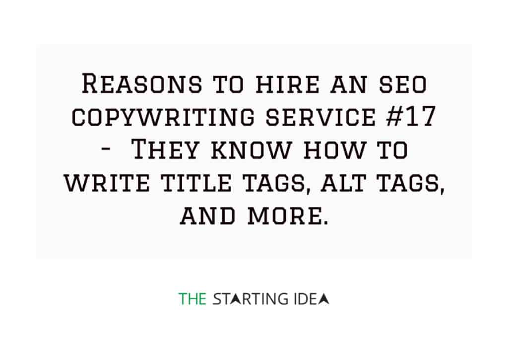 A graphic with text stating that hiring an SEO copywriting service will help you optimize your content for title tags, alt tags, and more.