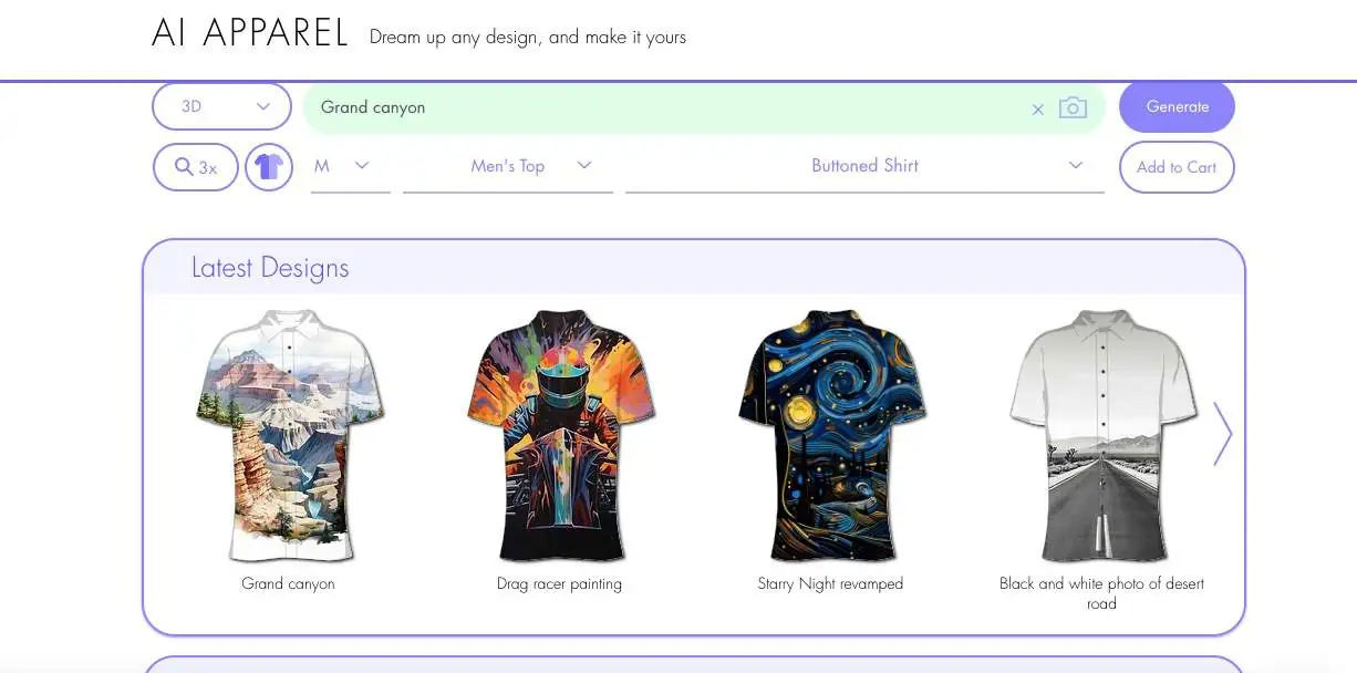 AI apparel website showcasing some of the designs created by AI art
