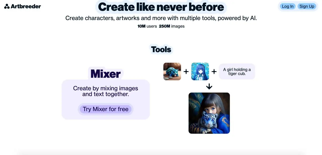 Homepage screenshot of Artbreeder AI art mixing tool