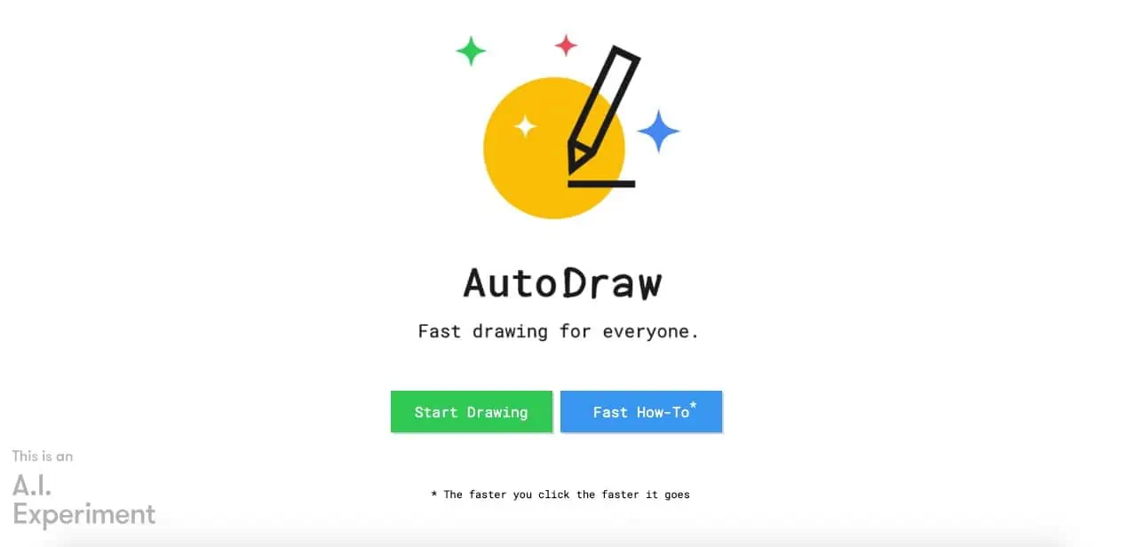 Homepage screenshot of Autodraw, an AI image generator tool that generates sketches from doodle drawings.