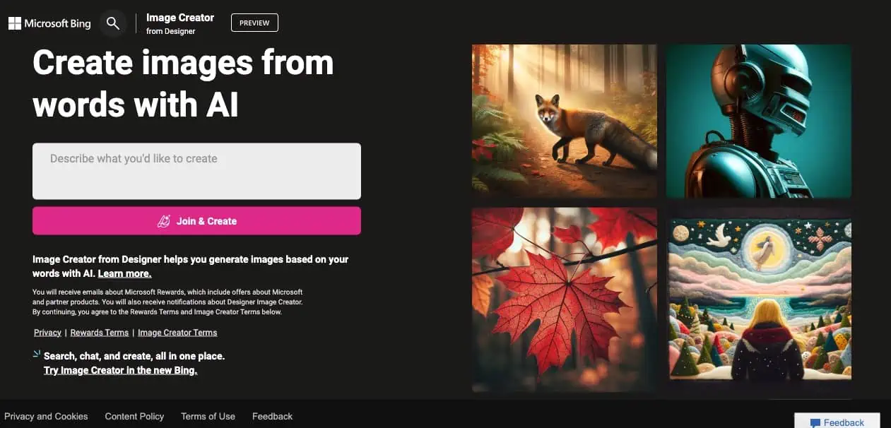 An image of Bing Image creator home page