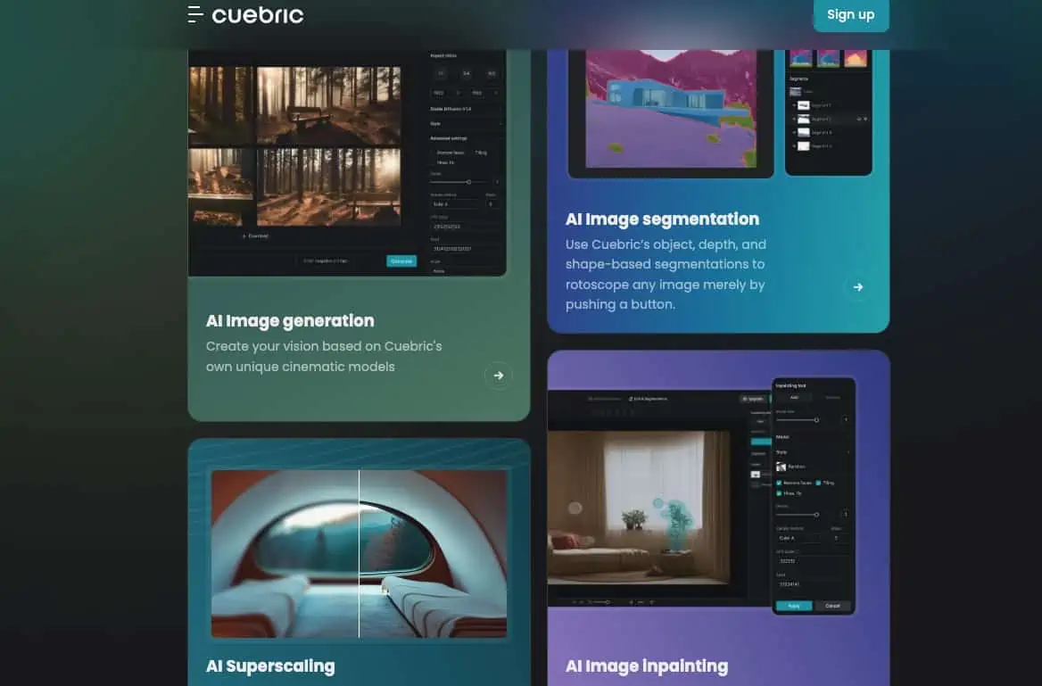 Cuebric homepage showing different kind of AI generated art backdrops and segmentation outputs