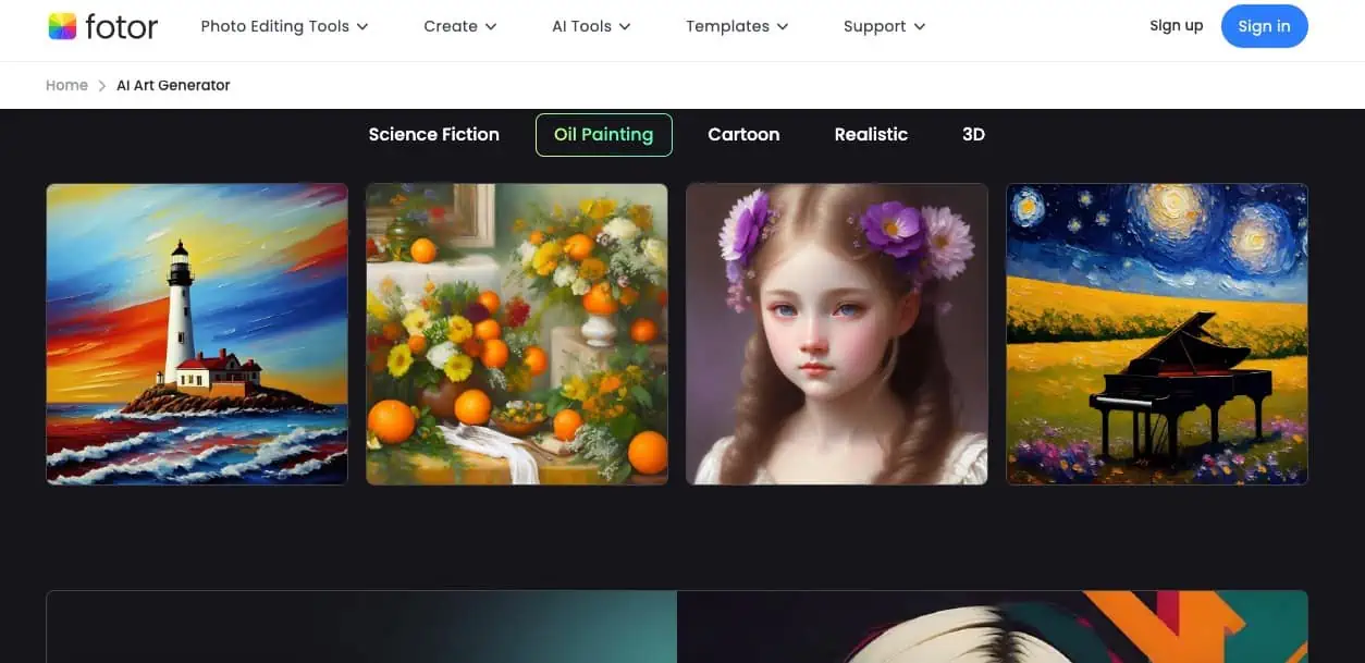 Fotor AI app homepage showcasing AI-generated oil paintings.
