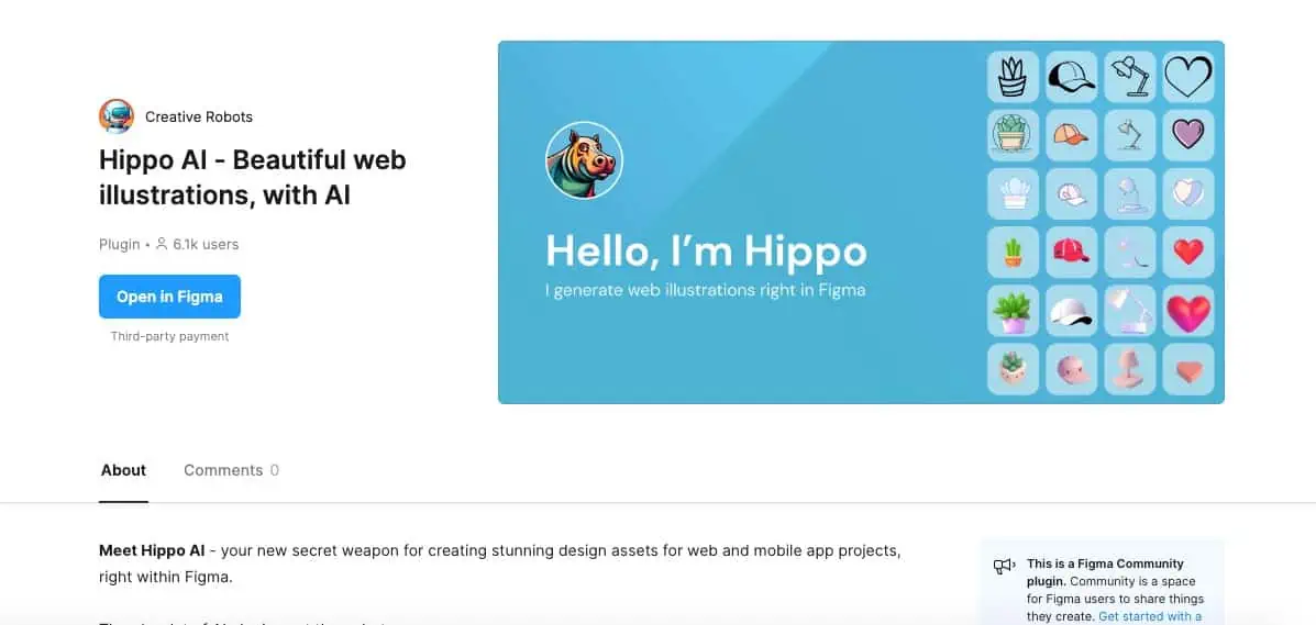Hippo AI homepage giving access to beautiful web illustrations with AI Figma community