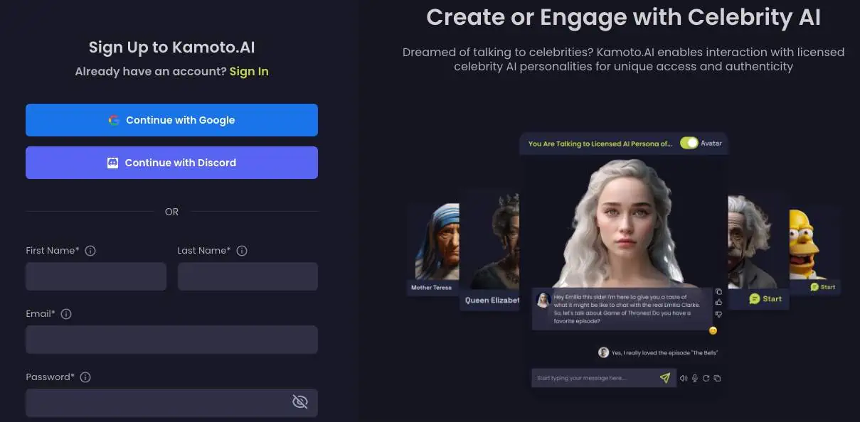Kamoto AI showcasing examples of AI personalities created by the tool.