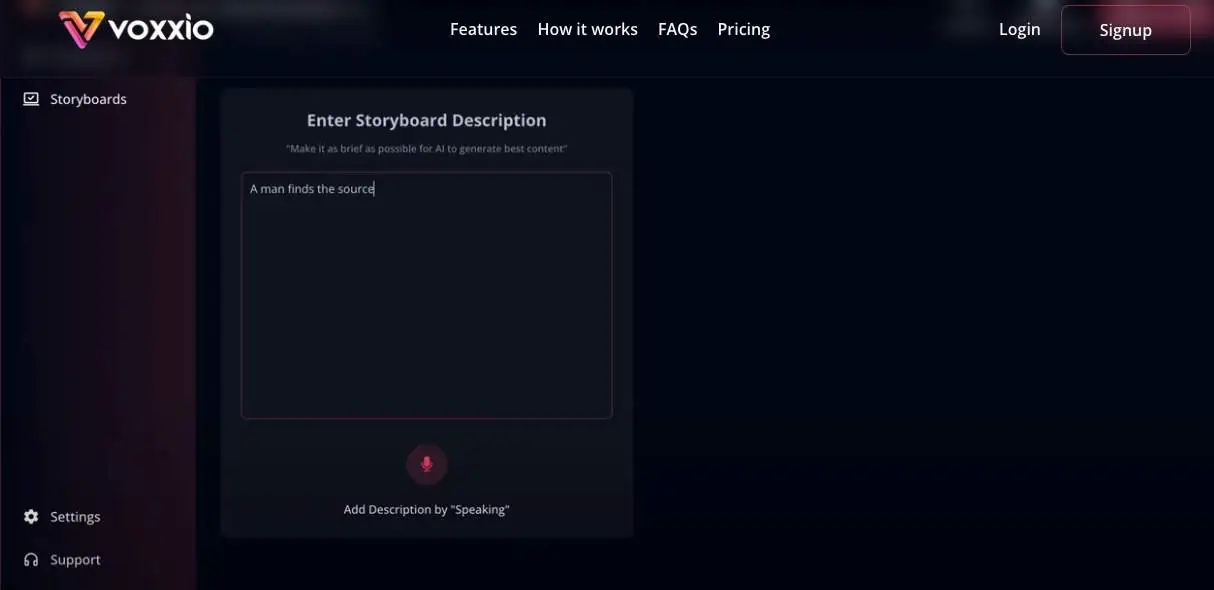 Interface screenshot of Voxxio AI storyboard generator