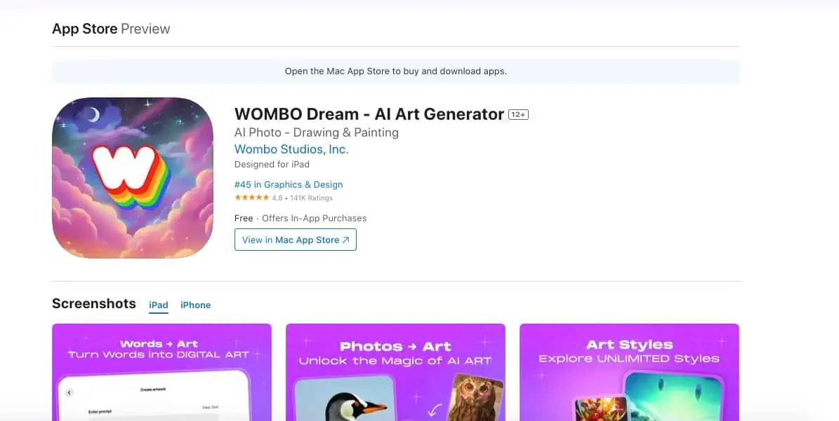Screenshot of Dream by Wombo App store page.